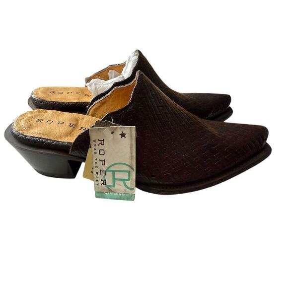 NWT Roper Women's Brown Leather Mary Embossed Basketweave Mules Shoes Size 9.5 - Picture 2 of 8